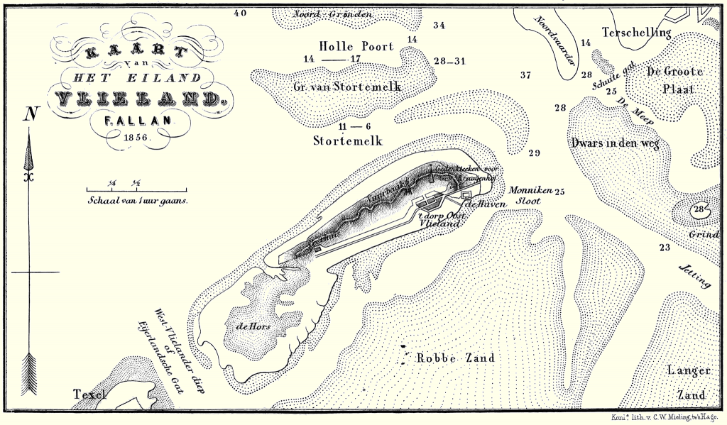 Kaart van het eiland Vlieland. F. Allan 1856.